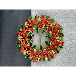 Vintage Christopher Radko Christmas Wreath Brooch Bells Bows